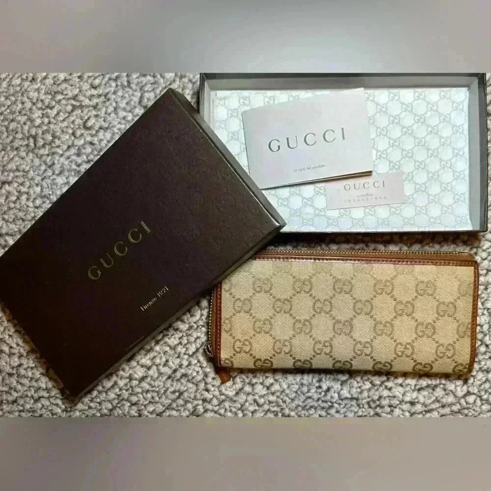 Auth Gucci Zippy Wallet - Metallic Beige Brown Canvas